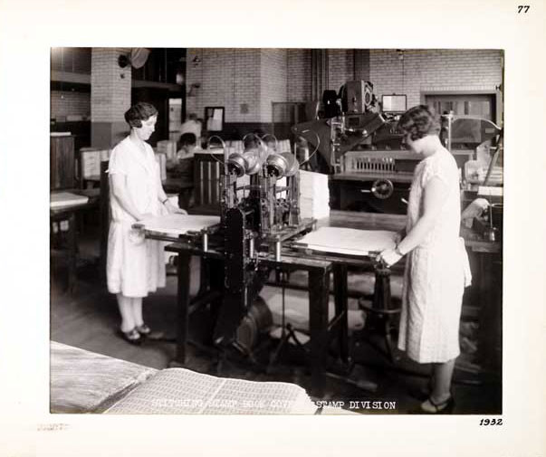 Photographic Print, Stitching Postage Stamp Booklet Covers - Postage Stamp Division, c.1932