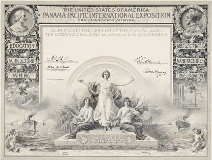 Proof, Certificate of Award, Panama-Pacific International Exposition, San Francisco, 1915
