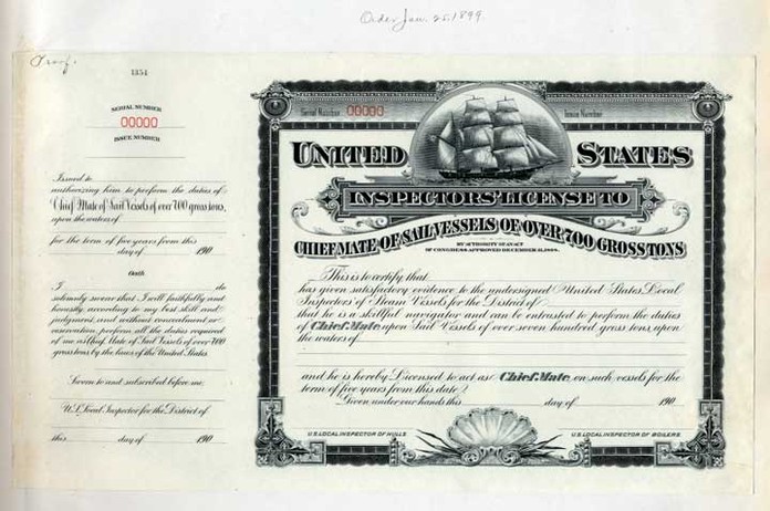 Proof, Marine License to Chief Mate of Sail Vessels over 700 Gross Tons