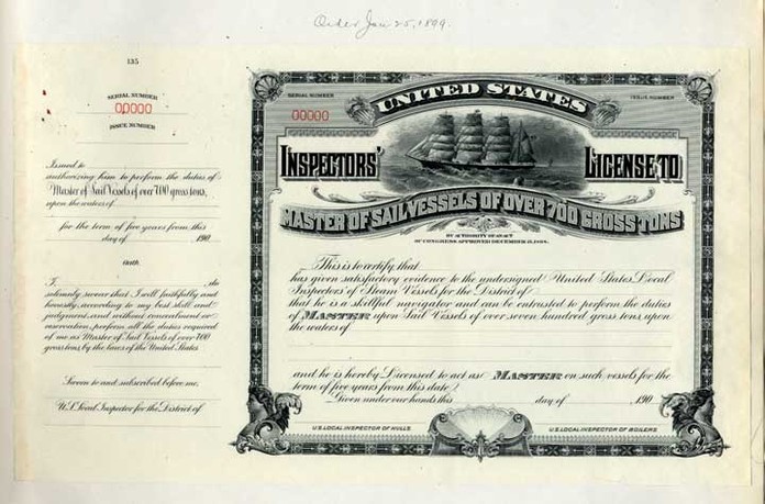 Proof, Marine License to Master of Sail Vessels over 700 Gross Tons