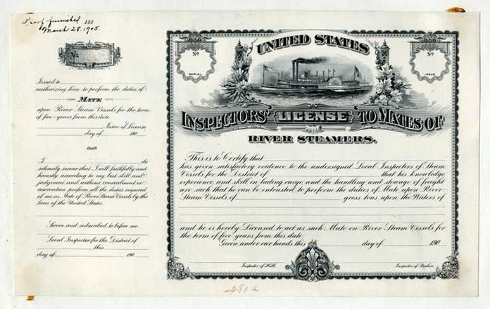 Proof, Marine License to Mates of River Steamers